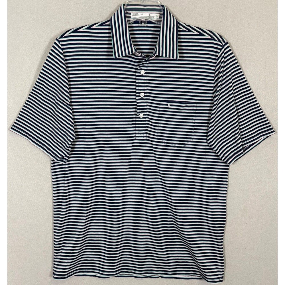 Criquet Polo Shirt Mens L White Blue Teal Striped Pima Stretch Golf Casual Shirt